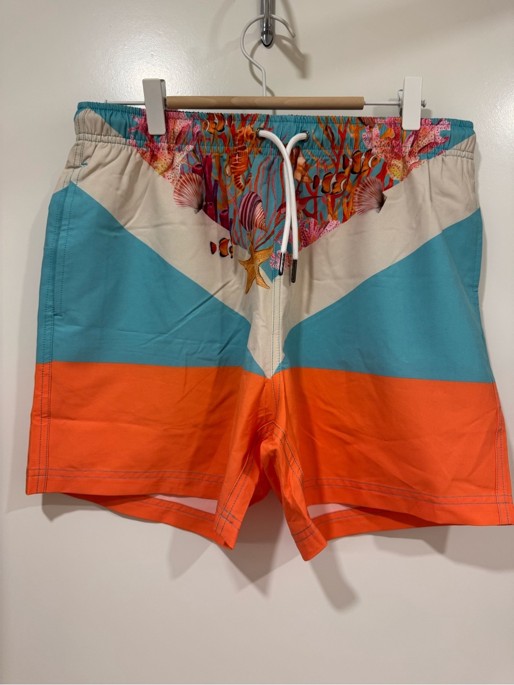 Men's Colorblock Turquoise, Orange & Cream Swim Trunks